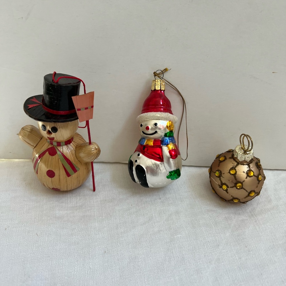 Vintage Christmas Ornaments Lot of 3 Various Makers Ball Snowman Blown Glass